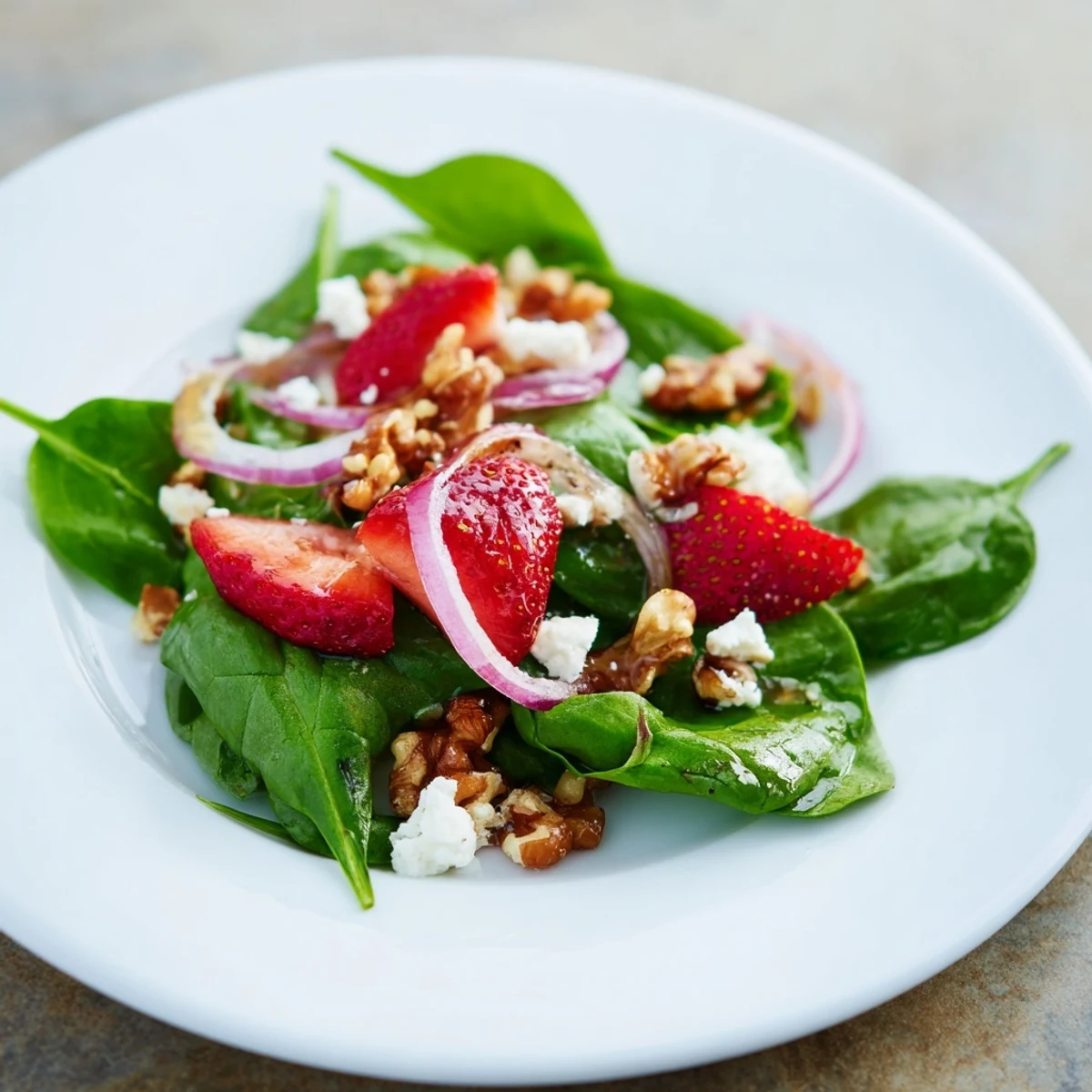 Sliced strawberries and walnuts glisten over a bed of baby spinach in a balsamic vinaigrette.  