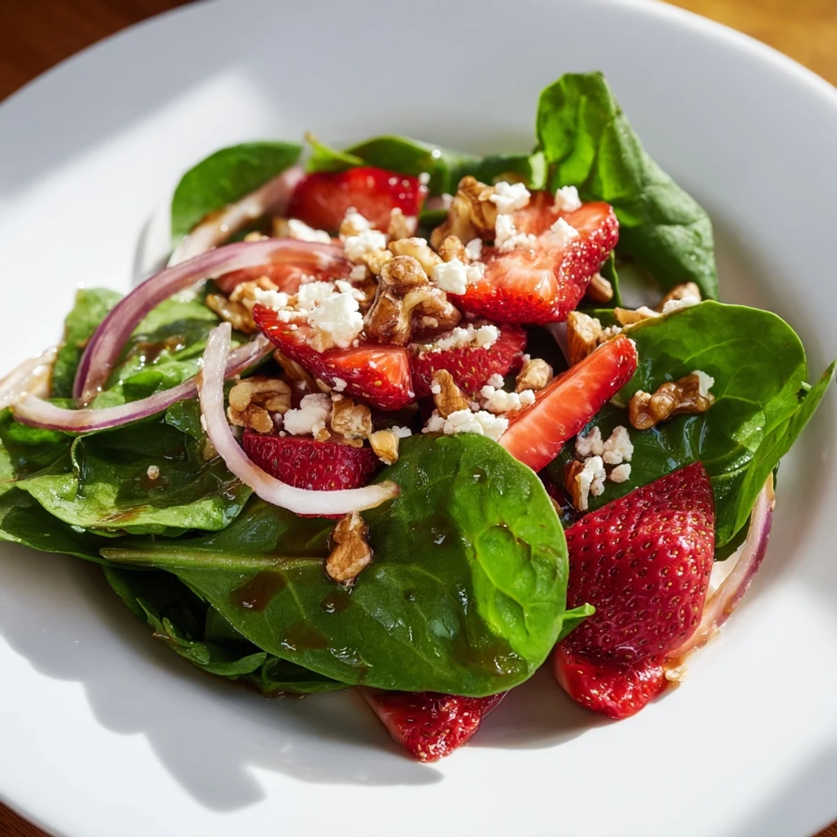 A vibrant Strawberry Walnut Spinach Salad with balsamic vinaigrette and crumbled feta, ready to serve.