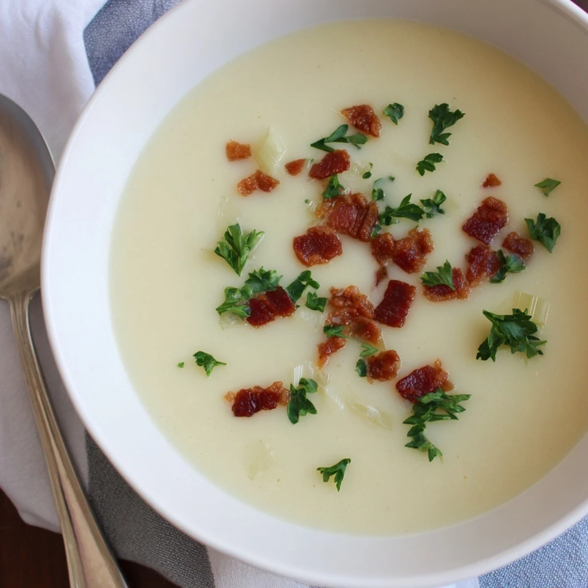 Creamy Potato and Leek Soup with Turkey Bacon served with crusty bread, ready for a cozy lunch or dinner.