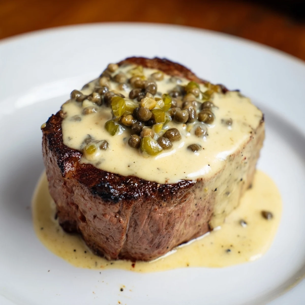 Close-up of succulent beef tenderloin steak, smothered in a creamy peppercorn sauce.