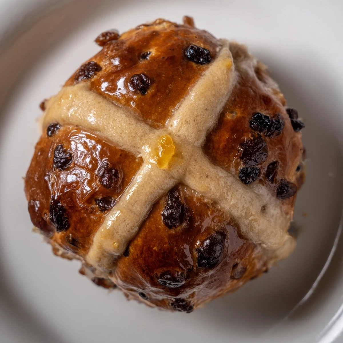 Freshly baked hot cross buns, spiced with cinnamon and studded with currants, cooling on a tray for an Easter brunch.  