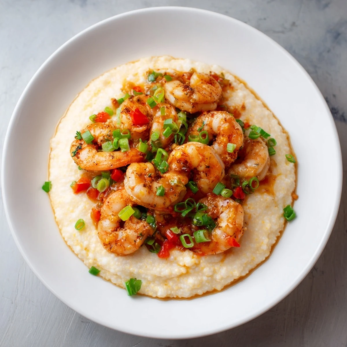 A hearty bowl of Cajun Shrimp and Grits, drizzled with savory pan sauce for a Southern dinner.  