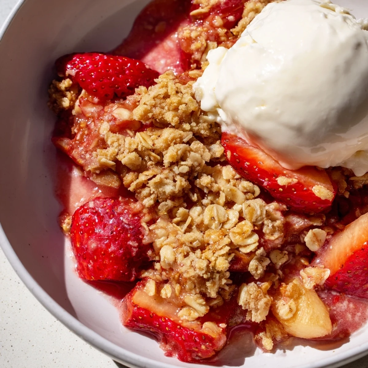 The baked Strawberry Rhubarb Crisp reveals bubbling red fruit filling beneath a crunchy, buttery oat crumble topping.