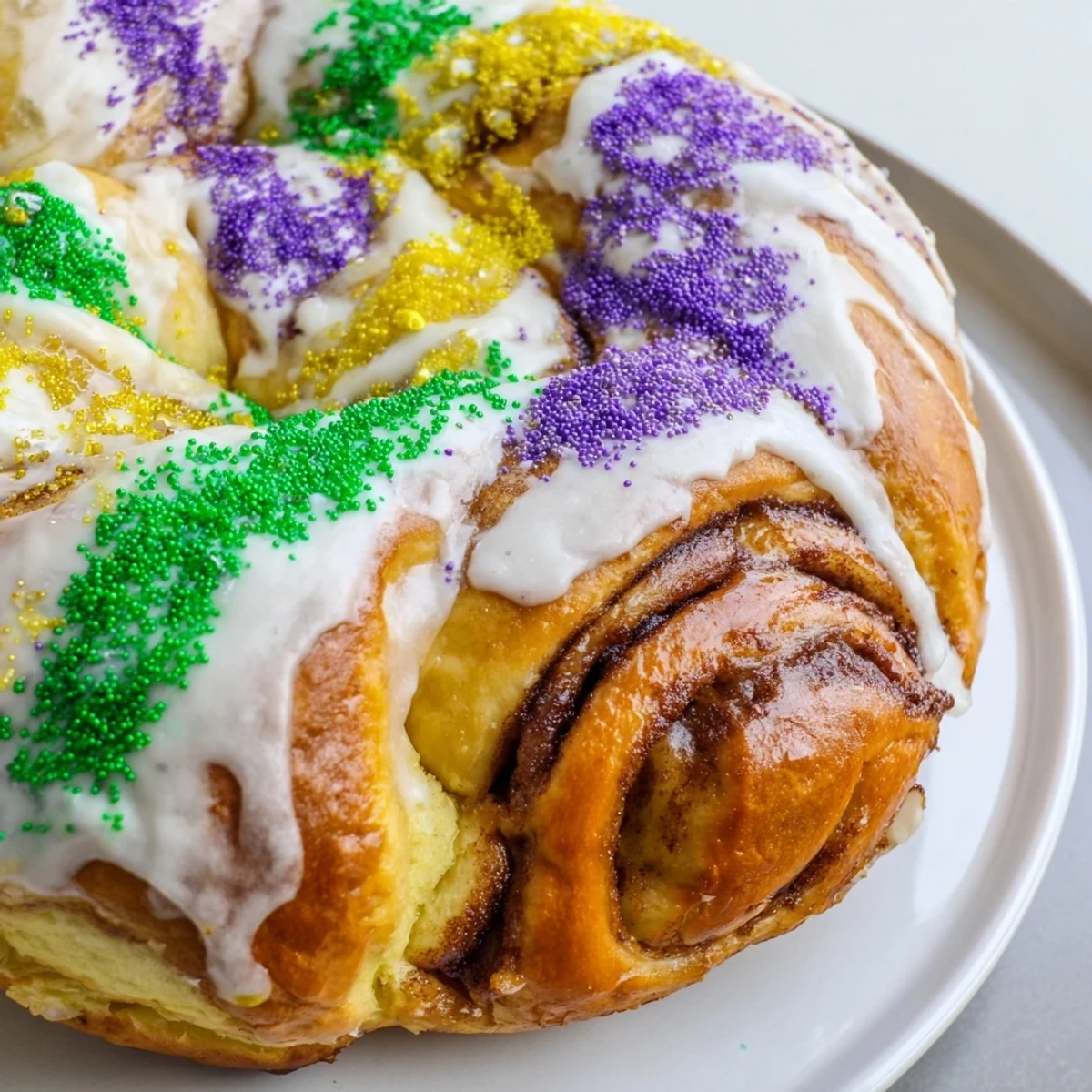 The finished Mardi Gras King Cake is beautifully draped with vibrant purple, green, and gold icing and colored sugars.