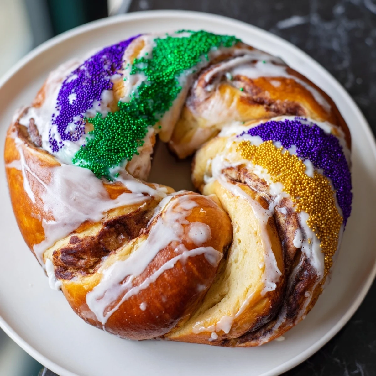 This festive New Orleans king cake features a tender brioche swirl with a warm cinnamon sugar filling.