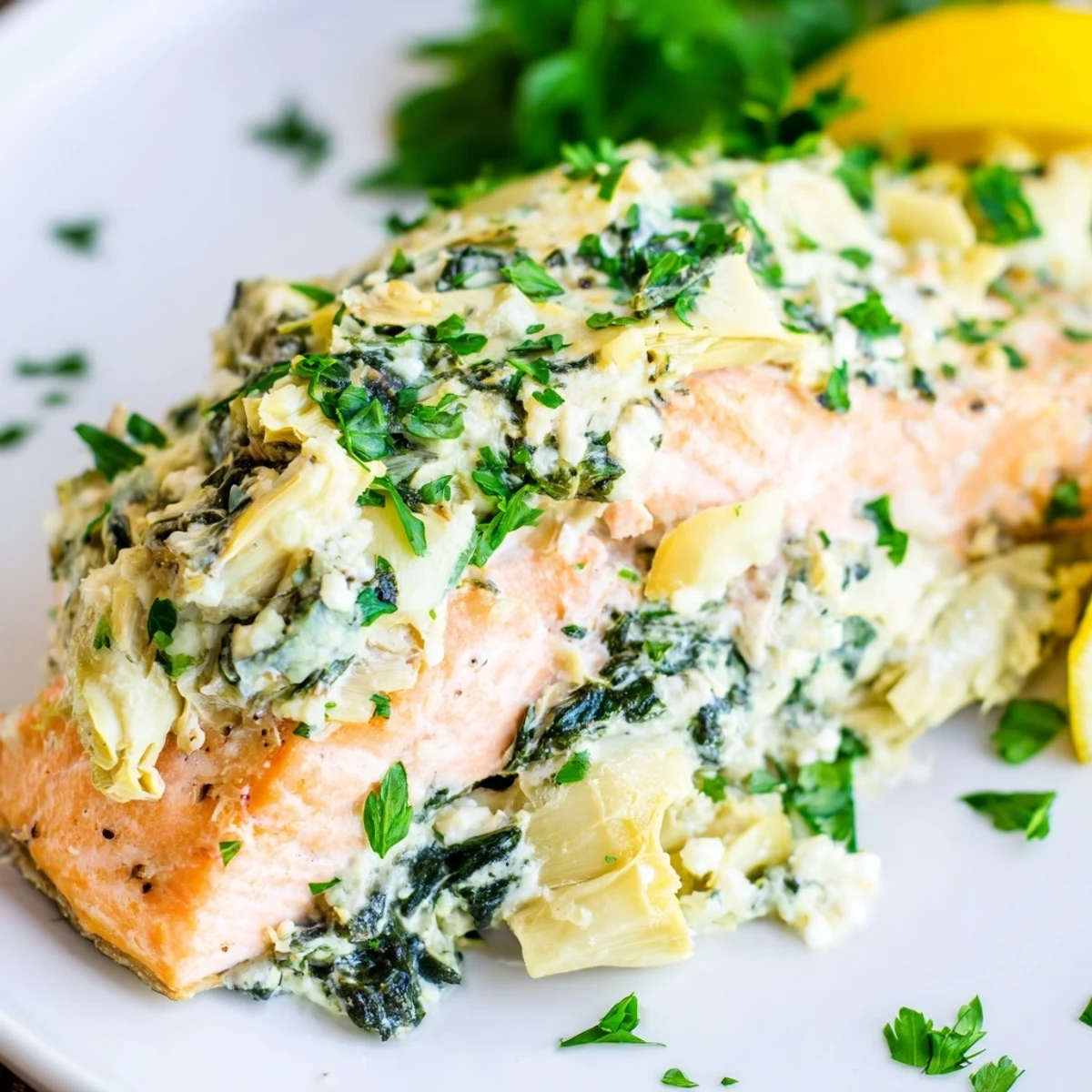 Freshly baked Creamy Spinach and Artichoke Stuffed Salmon fillets, golden on top and served with lemon wedges on a rustic plate.  
