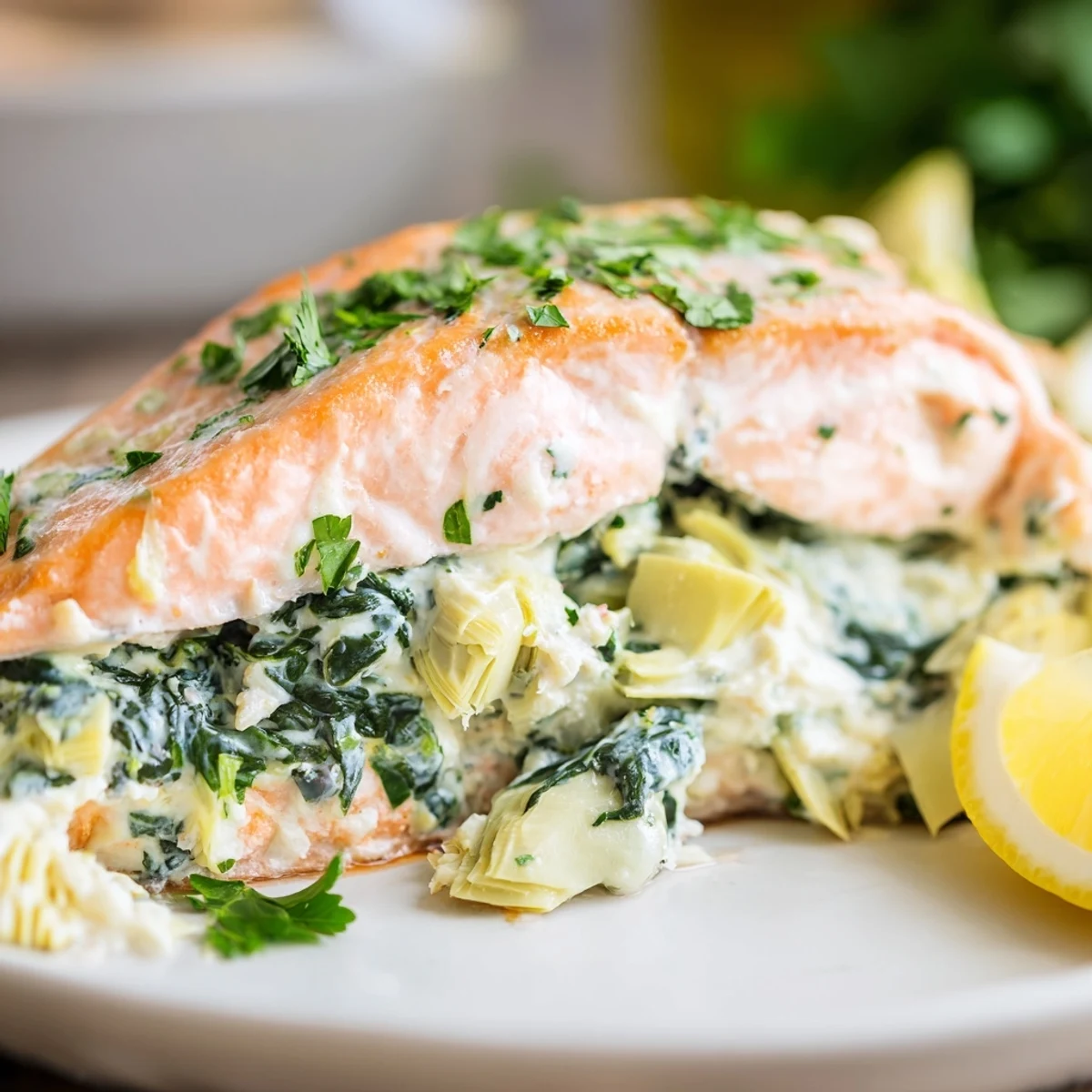 Golden-baked Creamy Spinach and Artichoke Stuffed Salmon fillets garnished with fresh parsley and served alongside roasted asparagus spears.  
