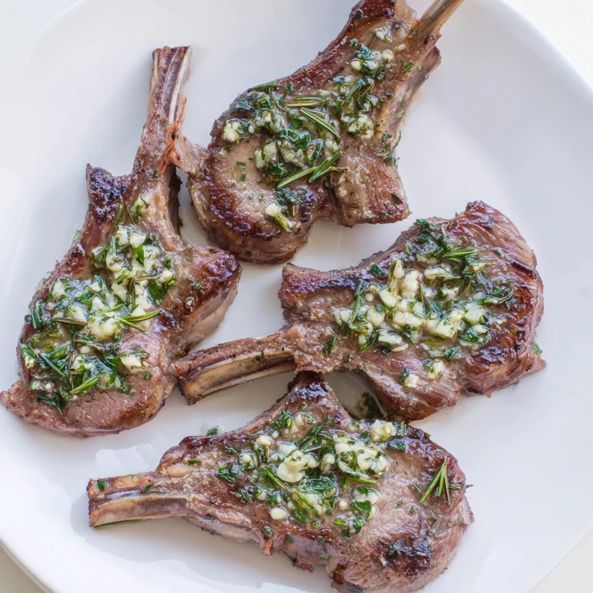 Succulent Air Fryer Lamb Chops with Garlic Butter, sizzling with rosemary and thyme, served with a lemon wedge.  