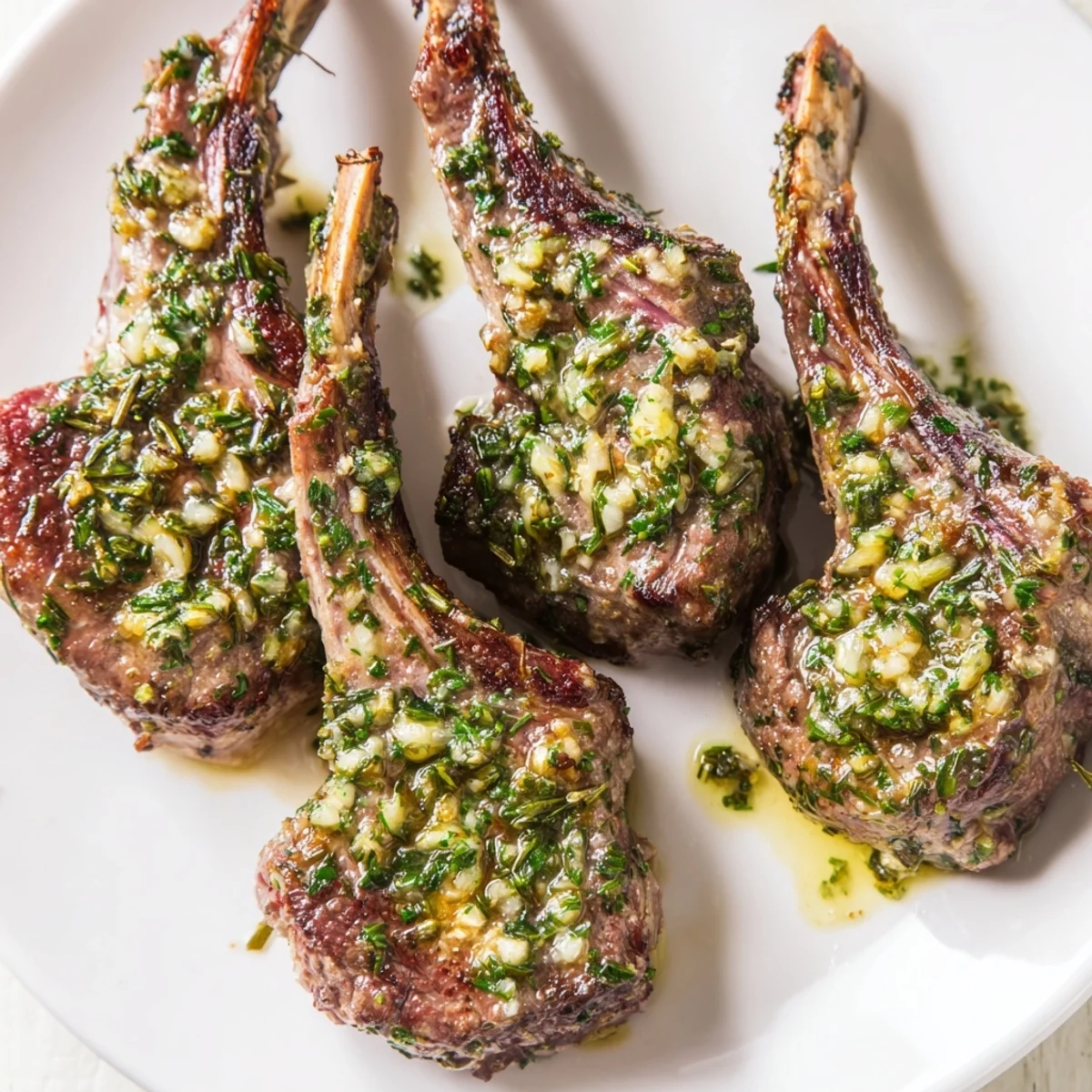 Juicy Air Fryer Lamb Chops with Garlic Butter are plated alongside roasted vegetables for an easy, low-carb dinner.