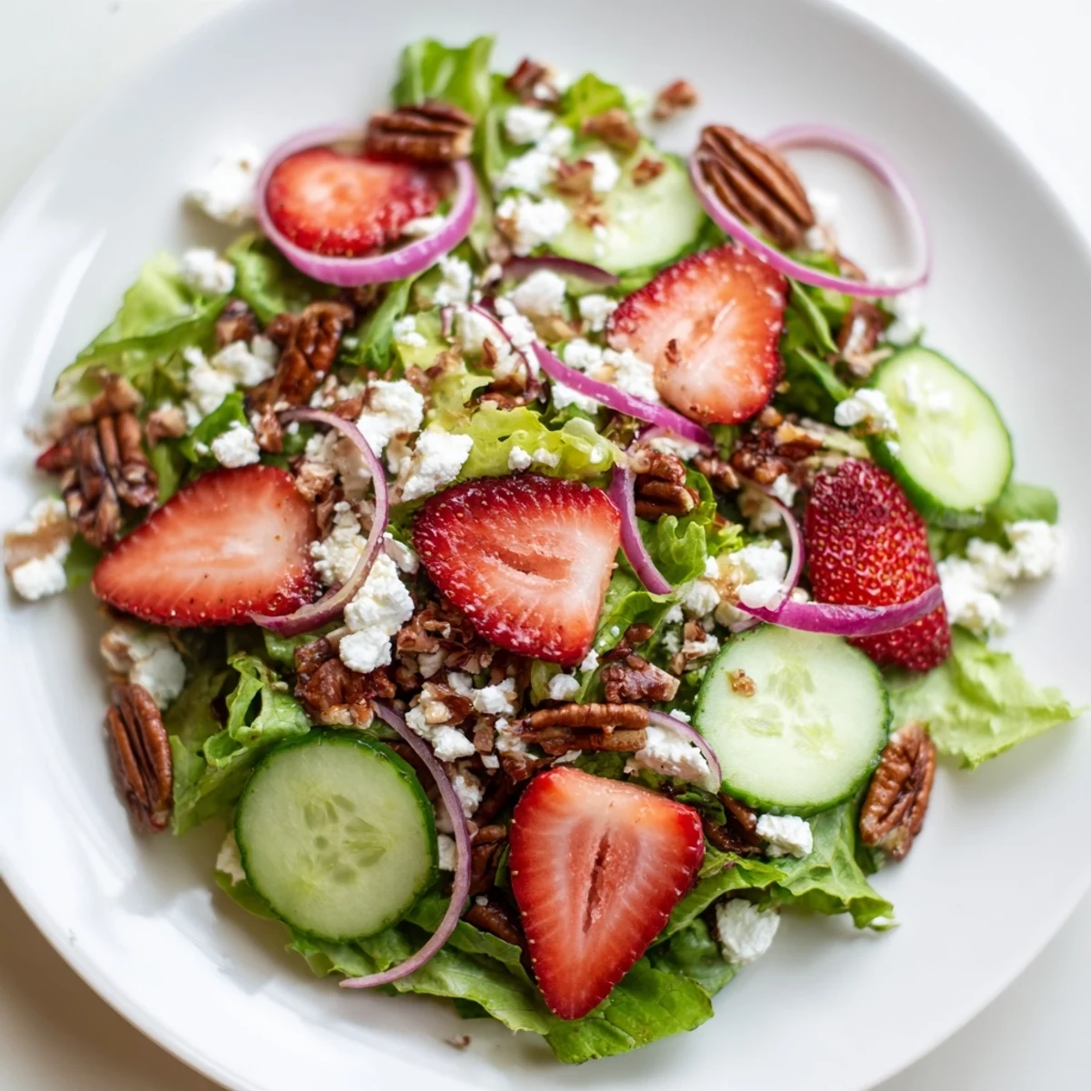 A close-up of a vibrant Spring Mix Salad with Strawberries and Feta, featuring crisp cucumbers, thin red onion slices, and toasted pecans adding crunch to the colorful bowl.  