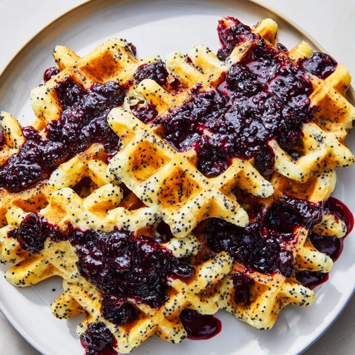 Freshly cooked Lemon Poppy Seed Waffles with a generous pour of warm blueberry syrup, ready to be enjoyed.