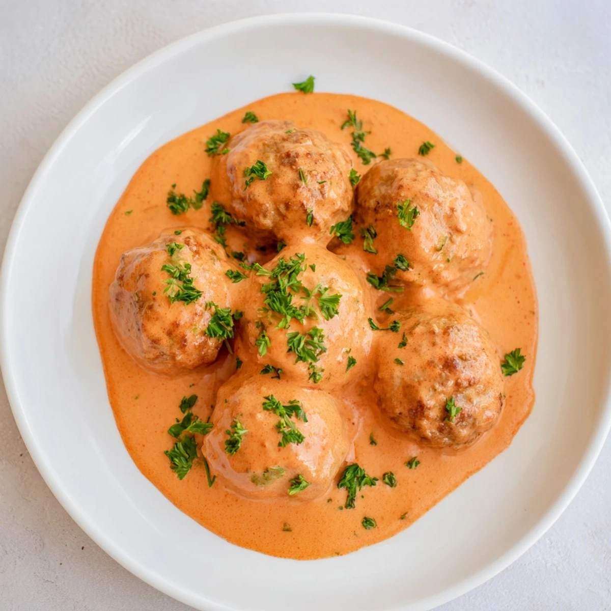 Juicy turkey meatballs in roasted red pepper sauce garnished with fresh parsley on a rustic dinner plate.