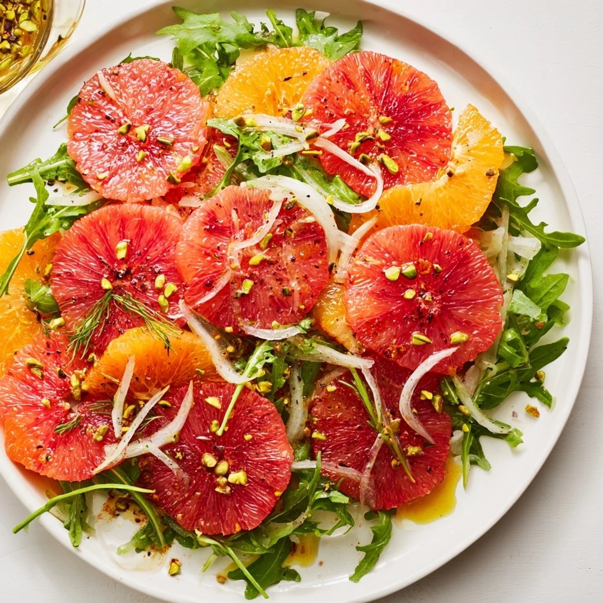 Winter Citrus Salad with Blood Orange and Fennel features sliced blood oranges, crisp fennel, and arugula drizzled with a bright lemon dressing on a wooden platter.