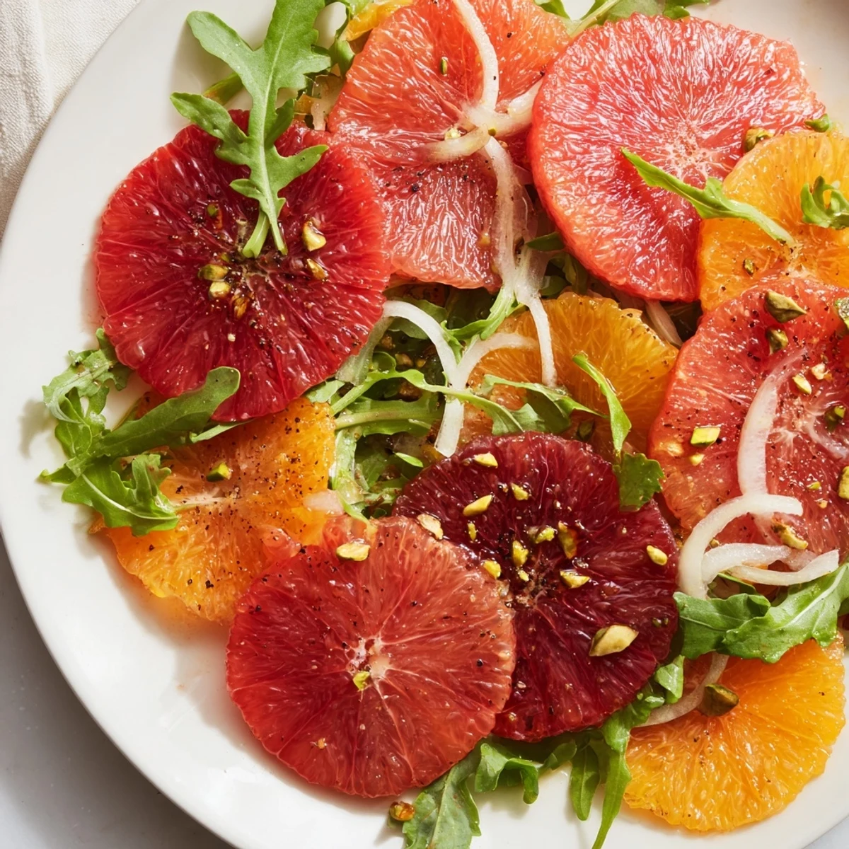 Freshly prepared Winter Citrus Salad with Blood Orange and Fennel showcases vibrant citrus segments, thinly sliced fennel, and toasted pistachios for added crunch and color.