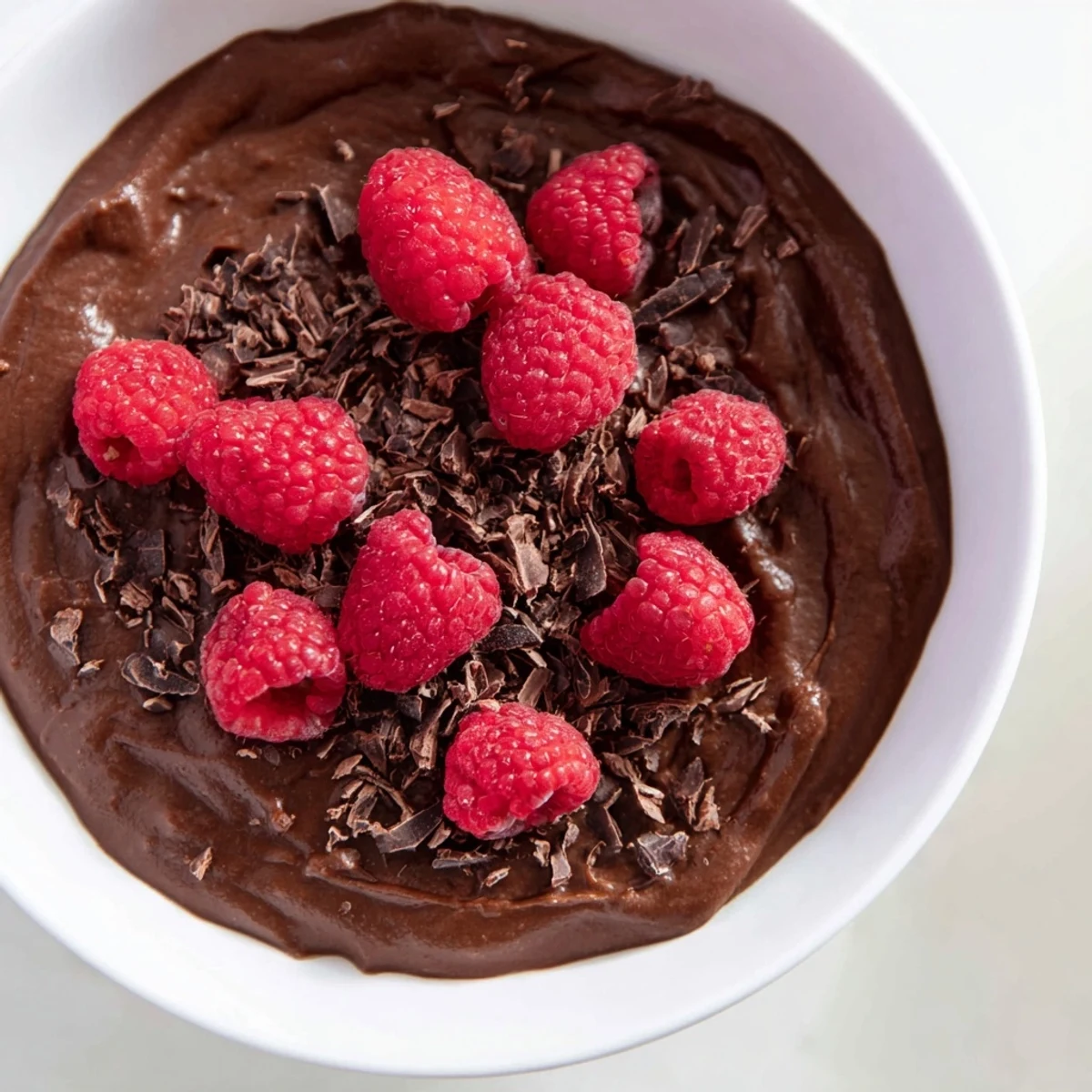 Rich and creamy Dark Chocolate Avocado Mousse with Raspberries served in a clear glass, topped with fresh red berries.