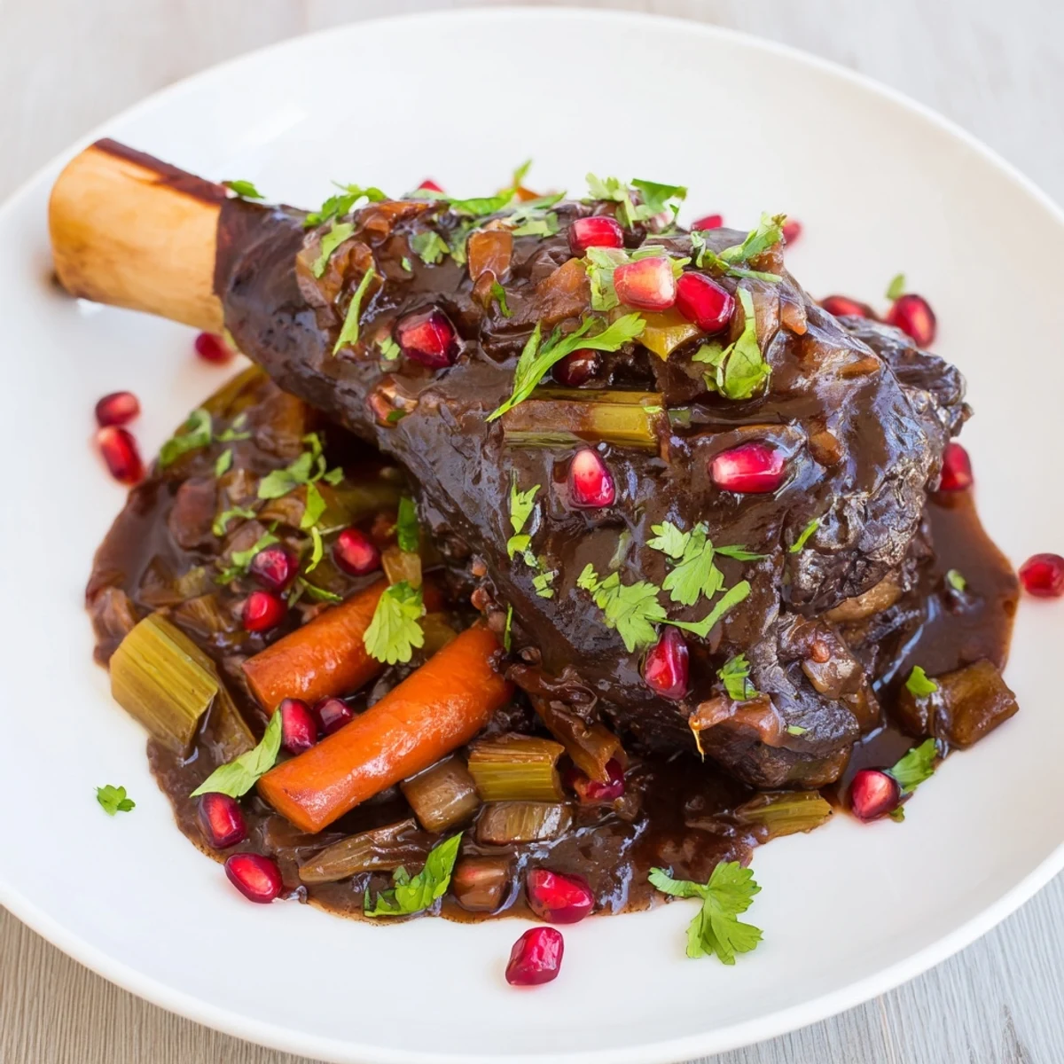 Four lamb shanks in a dark Dutch oven, braised and glossy with pomegranate molasses, garnished with fresh cilantro and jewel-like pomegranate seeds.