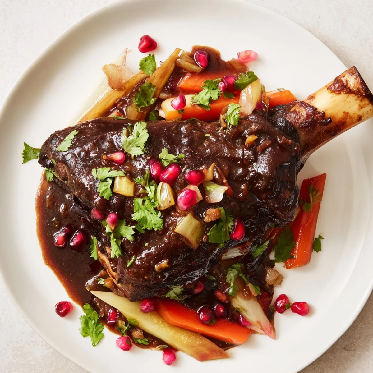 Hearty Braised Lamb Shanks with Pomegranate Molasses served over saffron rice, with rich sauce pooling and tender meat nearly falling from the bone.