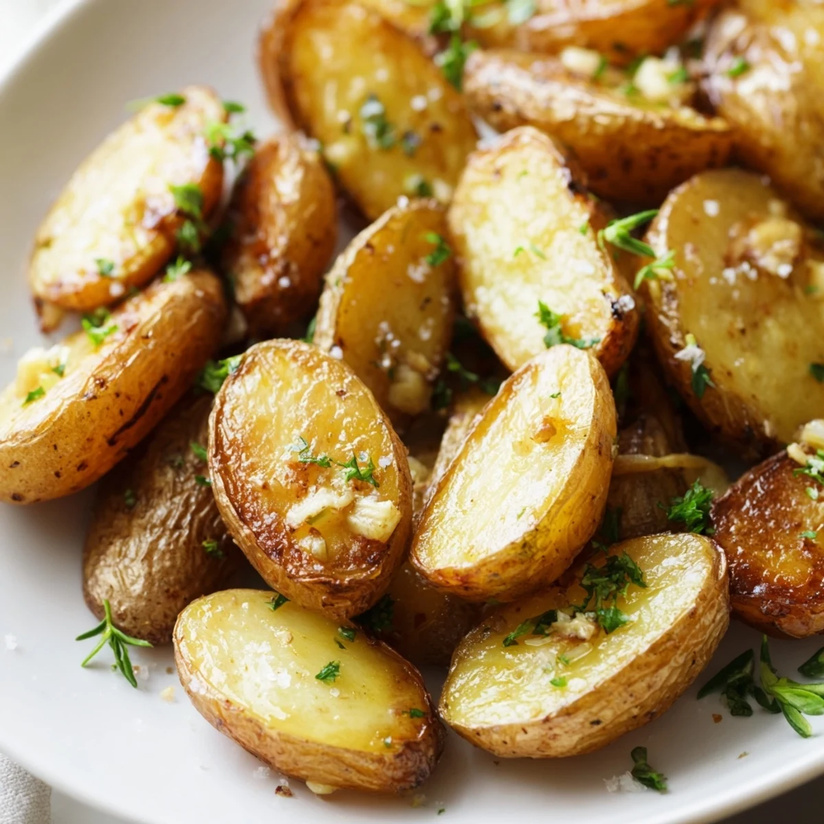 Crispy Garlic Herb Roasted Fingerling Potatoes with Rosemary glistening with olive oil and fresh herbs on a baking sheet.