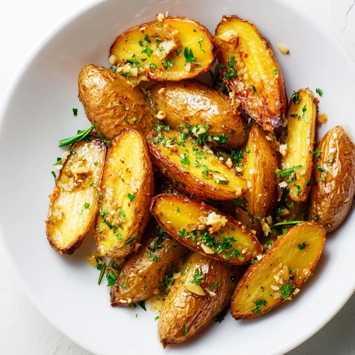 Golden brown Garlic Herb Roasted Fingerling Potatoes with Rosemary served hot alongside grilled steak and fresh parsley.