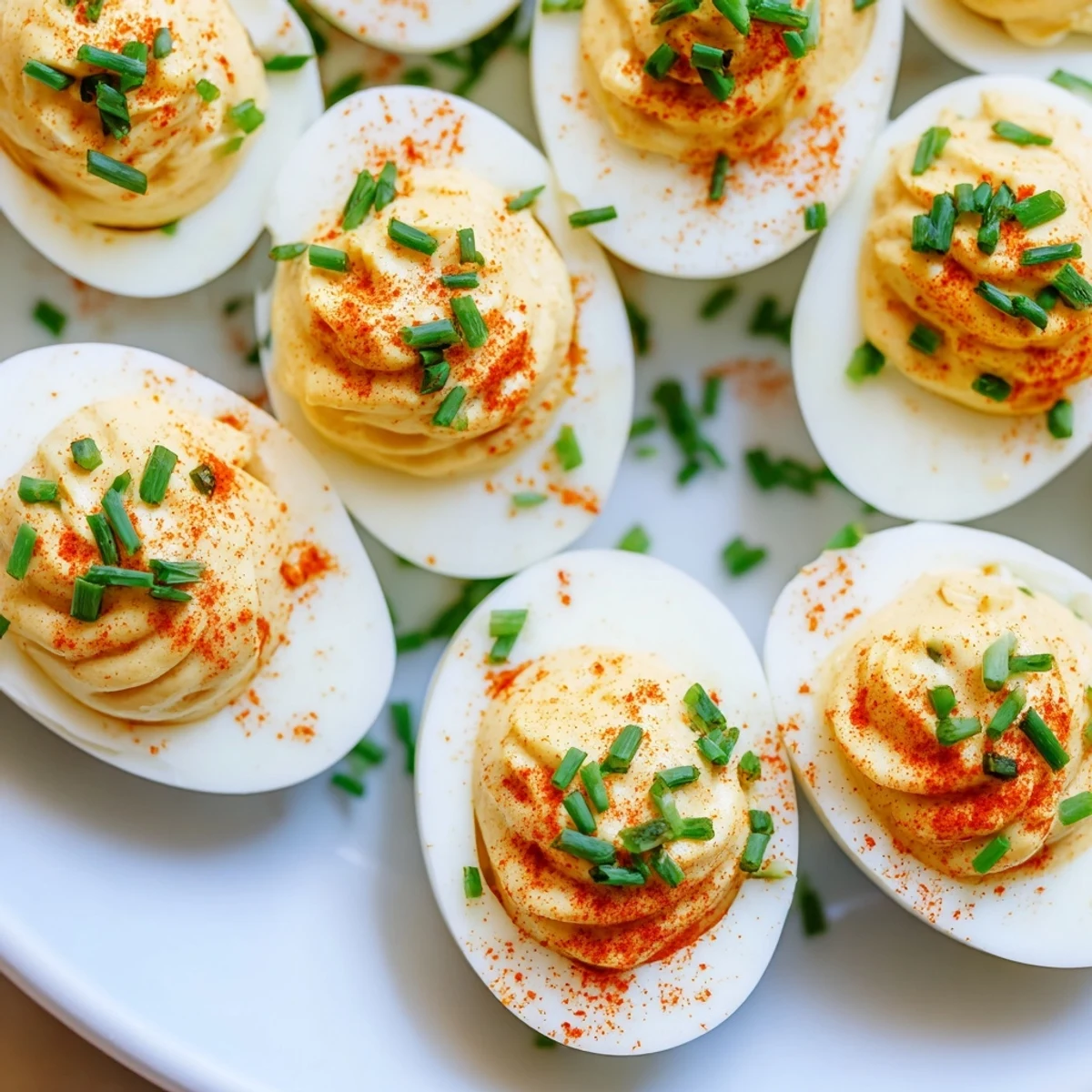 Close-up of deviled eggs with chives and smoked paprika, their bright filling and paprika dusting inviting at a summer potluck.
