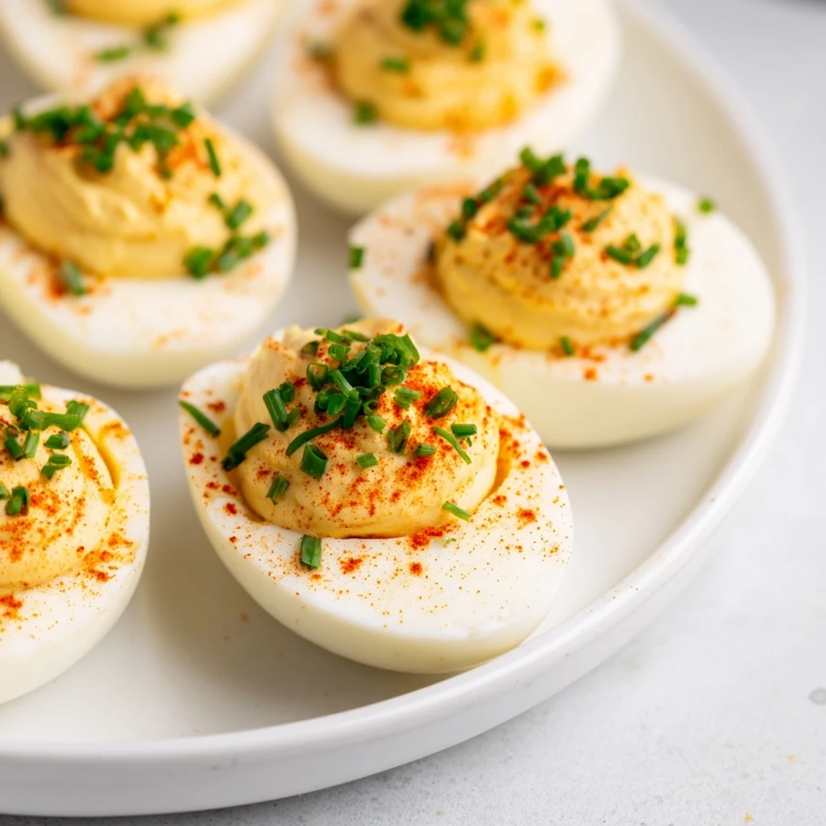 Smooth, tangy deviled eggs with chives and smoked paprika garnished with fresh herbs, ideal for easy holiday appetizer spreads.