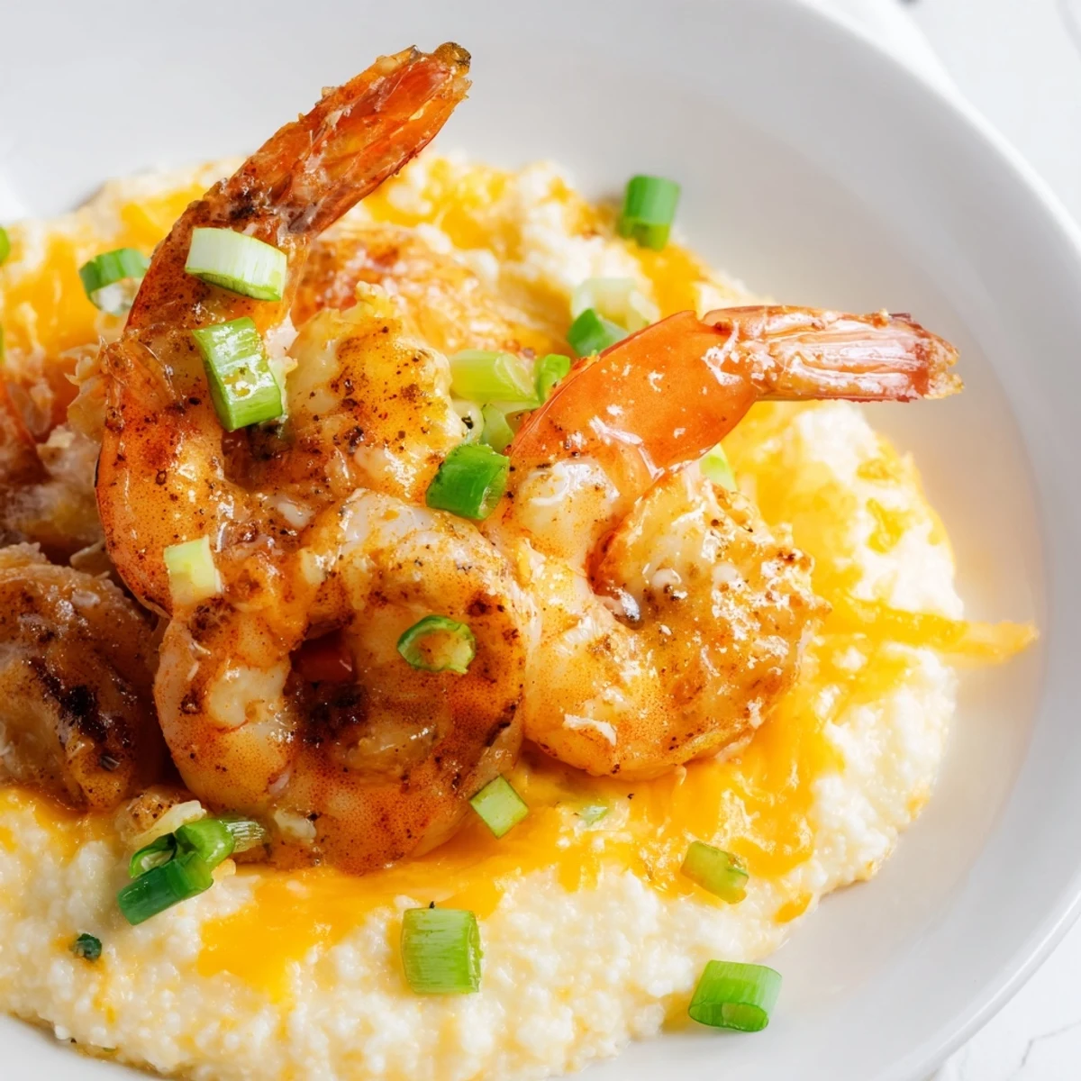 A close-up view of Cajun Shrimp and Grits with Cheddar Cheese topped with melted cheddar and fresh green onion garnish.