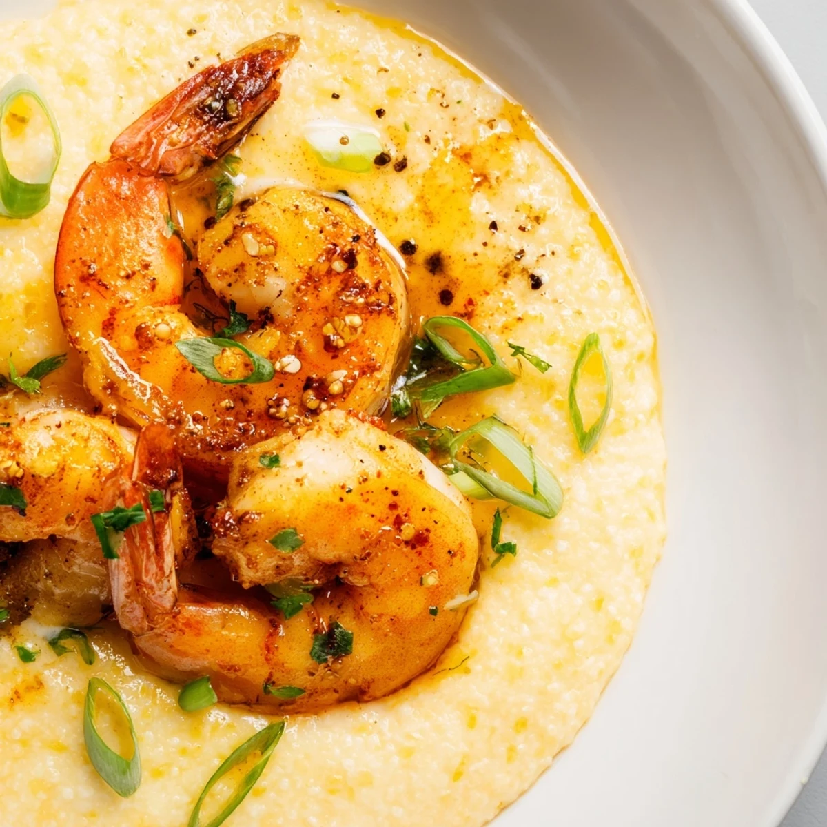 Cajun Shrimp and Grits with Cheddar Cheese is served in a rustic bowl with steaming, creamy grits and plump seasoned shrimp.
