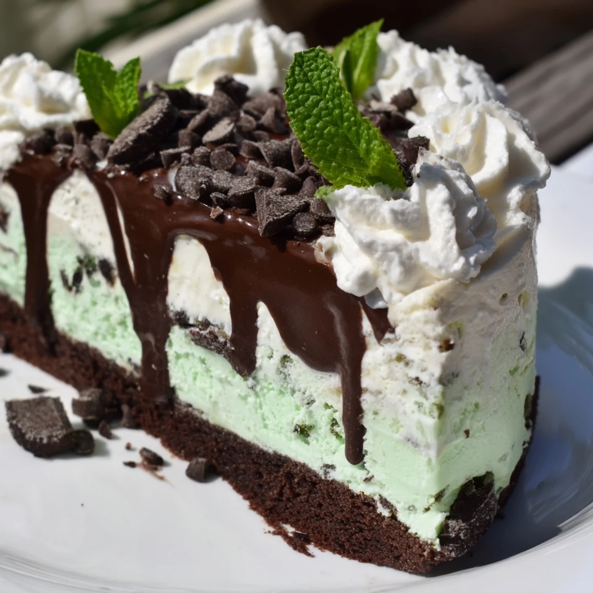 Freshly sliced Mint Chocolate Chip Ice Cream Cake reveals creamy mint layers and rich chocolate cake topped with whipped cream.  