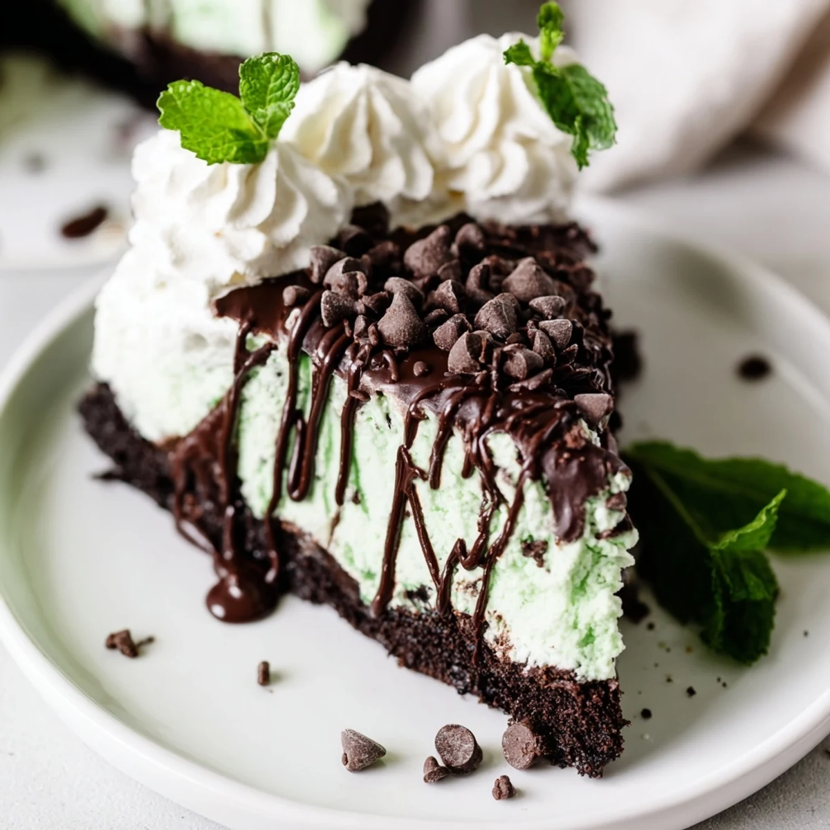 A close-up of Mint Chocolate Chip Ice Cream Cake drizzled with ganache and garnished with fresh mint leaves.  