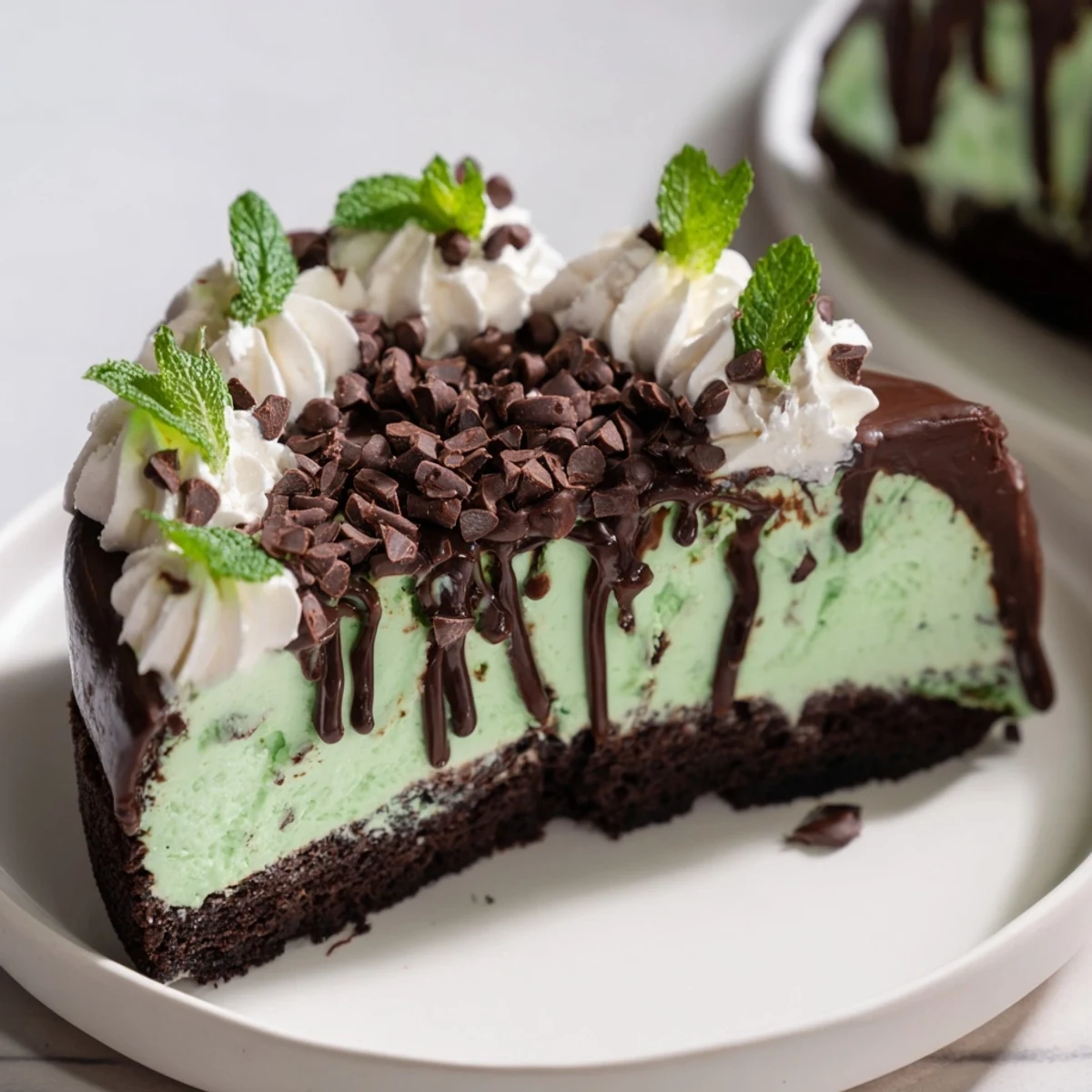 Mint Chocolate Chip Ice Cream Cake displayed on a platter with soft whipped cream and mini chocolate chips.
