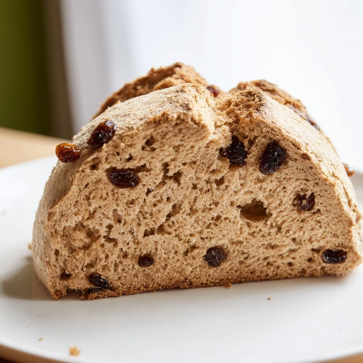 Homemade Whole Wheat Irish Soda Bread with Raisins sitting on a wooden board, perfect for spreading butter or jam.
