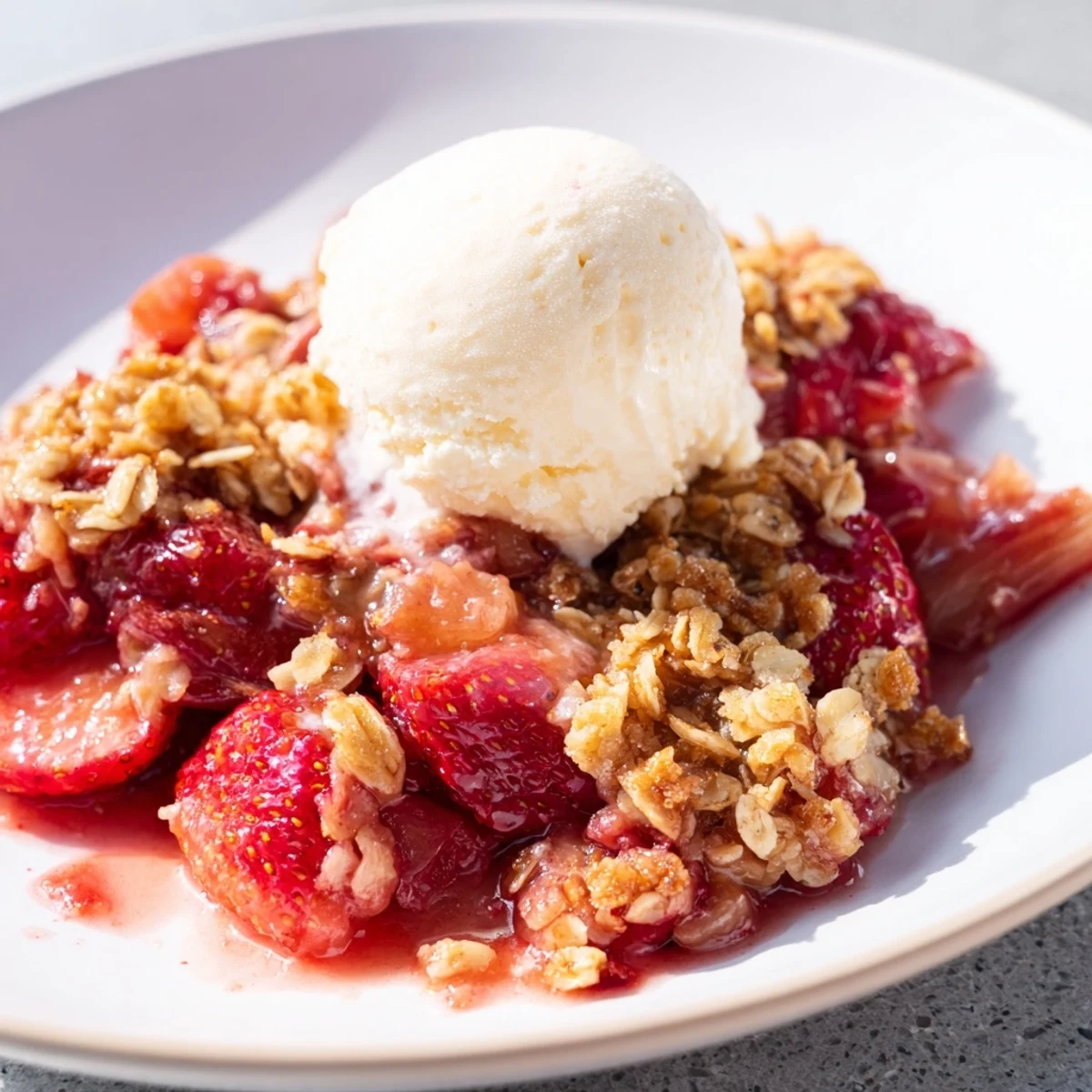 Golden-brown Strawberry Rhubarb Crisp with Oat Crumble topped with a scoop of vanilla ice cream melting slightly.