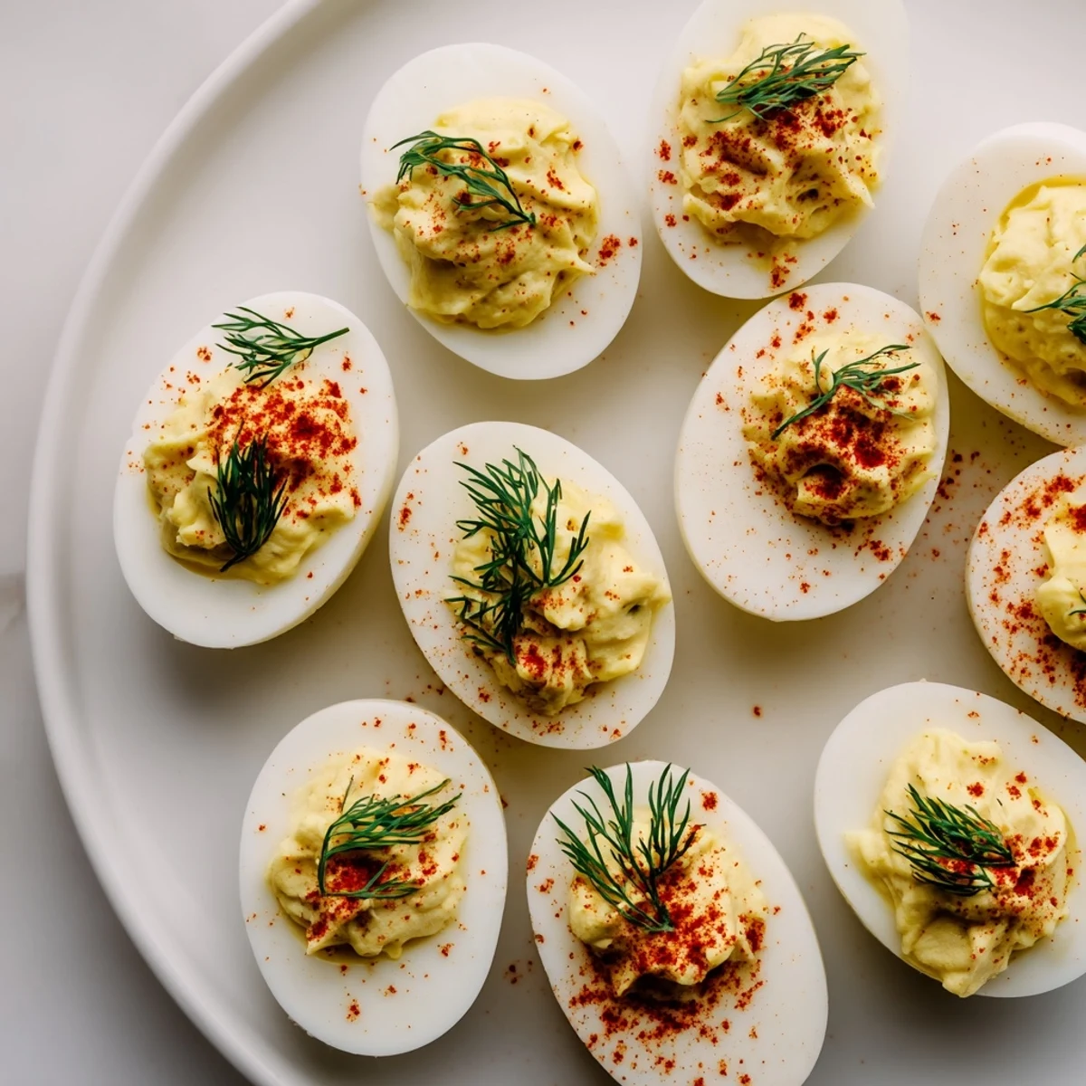 Perfectly piped Deviled Eggs with Fresh Dill and Smoked Paprika on a white serving platter.