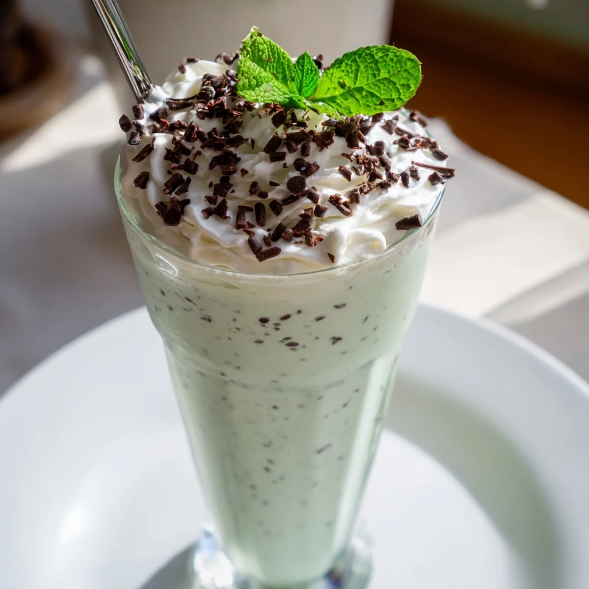 A frosty glass of Mint Chocolate Chip Milkshake topped with fluffy whipped cream and chocolate shavings.