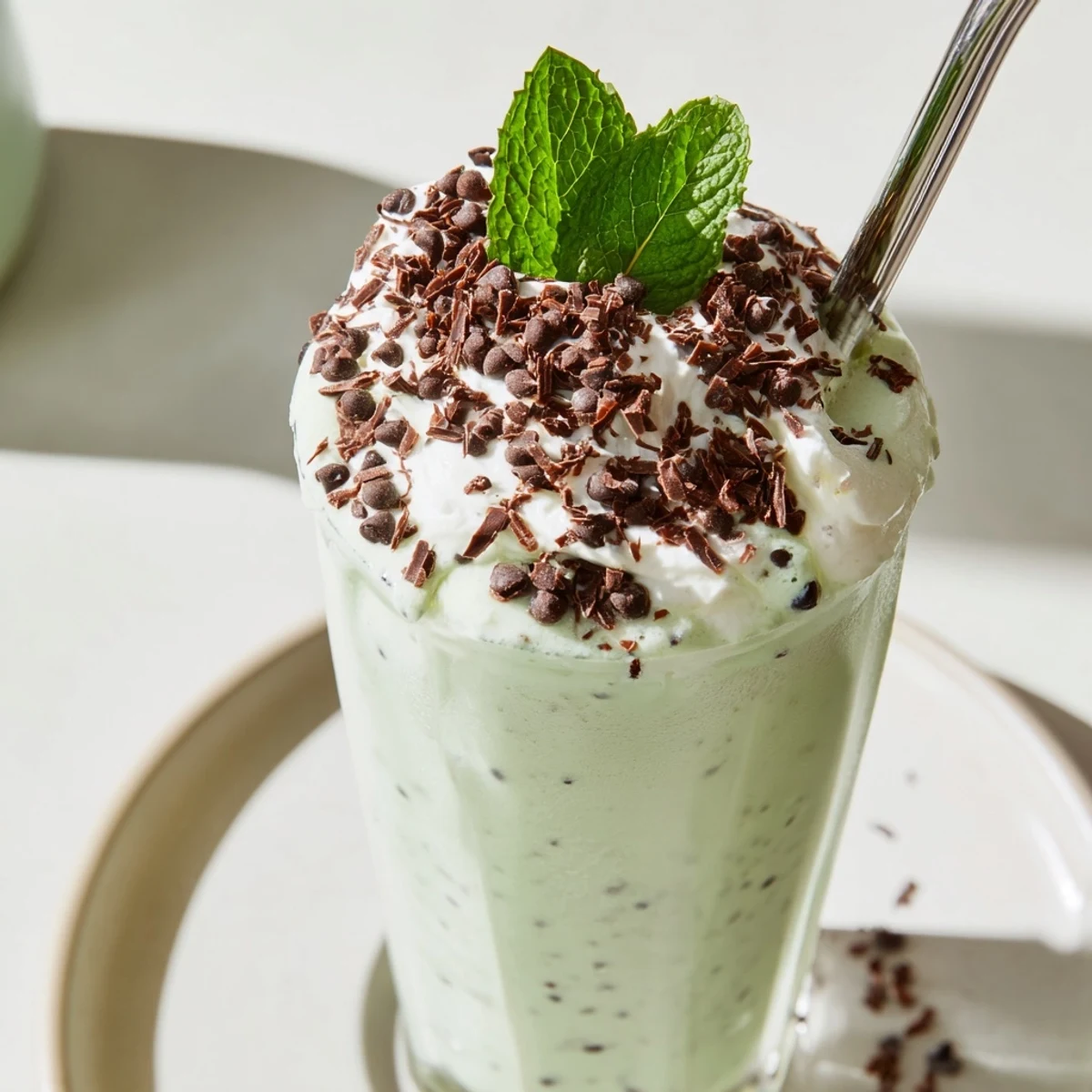 An indulgent Mint Chocolate Chip Milkshake with whipped cream and chocolate chips, perfect for a summer treat.
