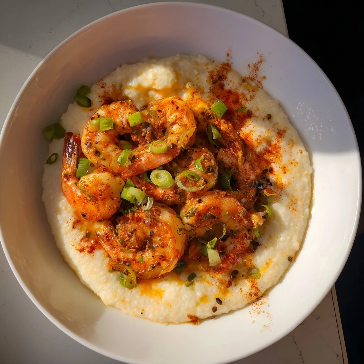 Creamy cheddar grits topped with spicy Cajun spiced shrimp and fresh scallions on a rustic plate.
