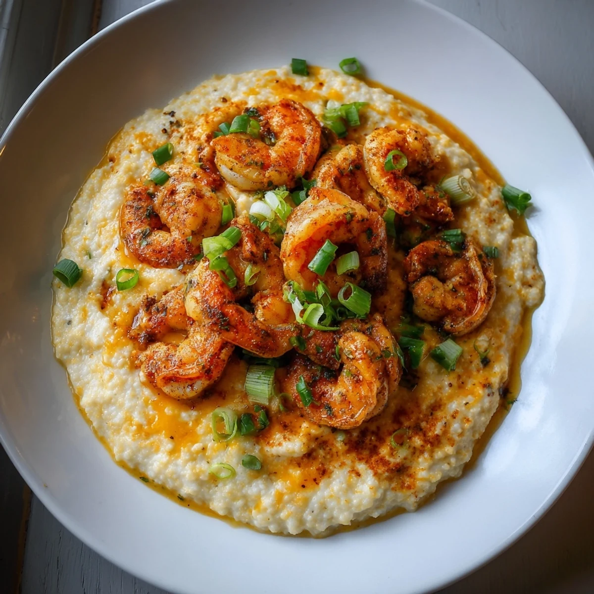 Southern-style Cajun spiced shrimp and grits served with melted cheddar, scallions, and a dash of hot sauce.
