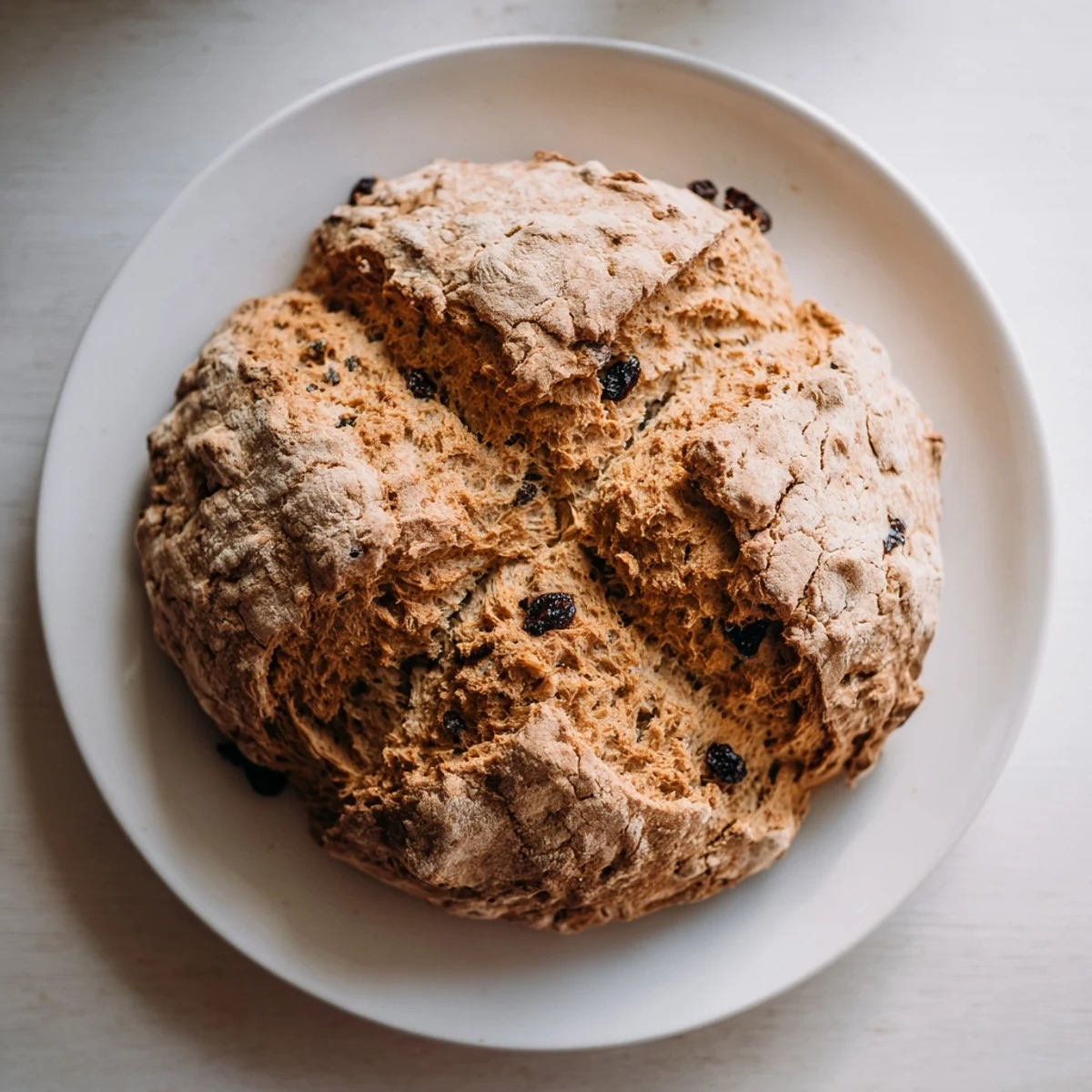Golden-brown Whole Wheat Irish Soda Bread with Currants sits sliced on a rustic wooden board.