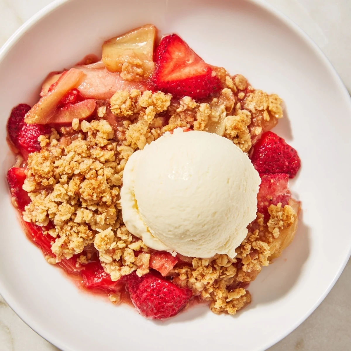 A close-up of Strawberry Rhubarb Crumble with Vanilla Ice Cream melting over the warm, bubbly fruit and golden oat topping.