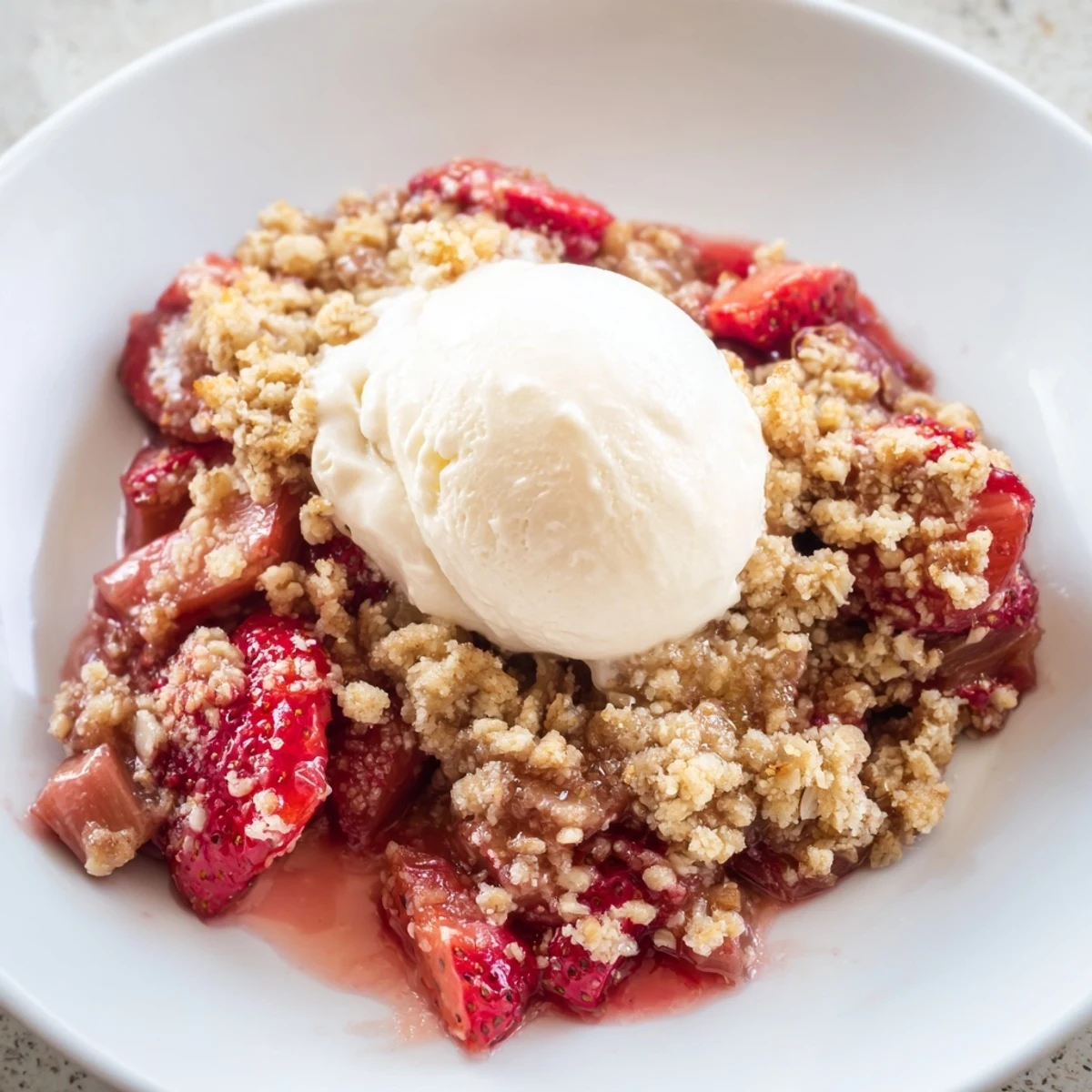 Serve this Strawberry Rhubarb Crumble with Vanilla Ice Cream in a cozy bowl, the crumble topping looking crisp and buttery.