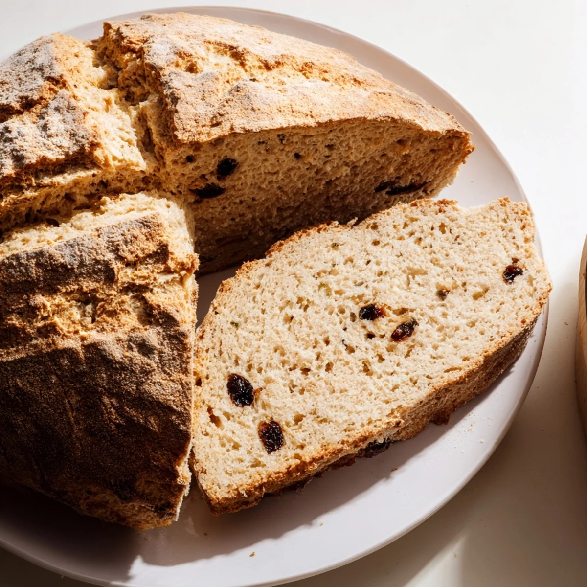 A rustic, golden-brown Whole Wheat Irish Soda Bread with Currants fresh from the oven, displaying a prominent cross on top.