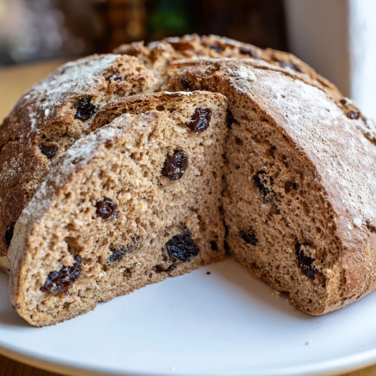 Sliced pieces of Whole Wheat Irish Soda Bread with Currants reveal a tender crumb studded with sweet dried currants, ready for butter.