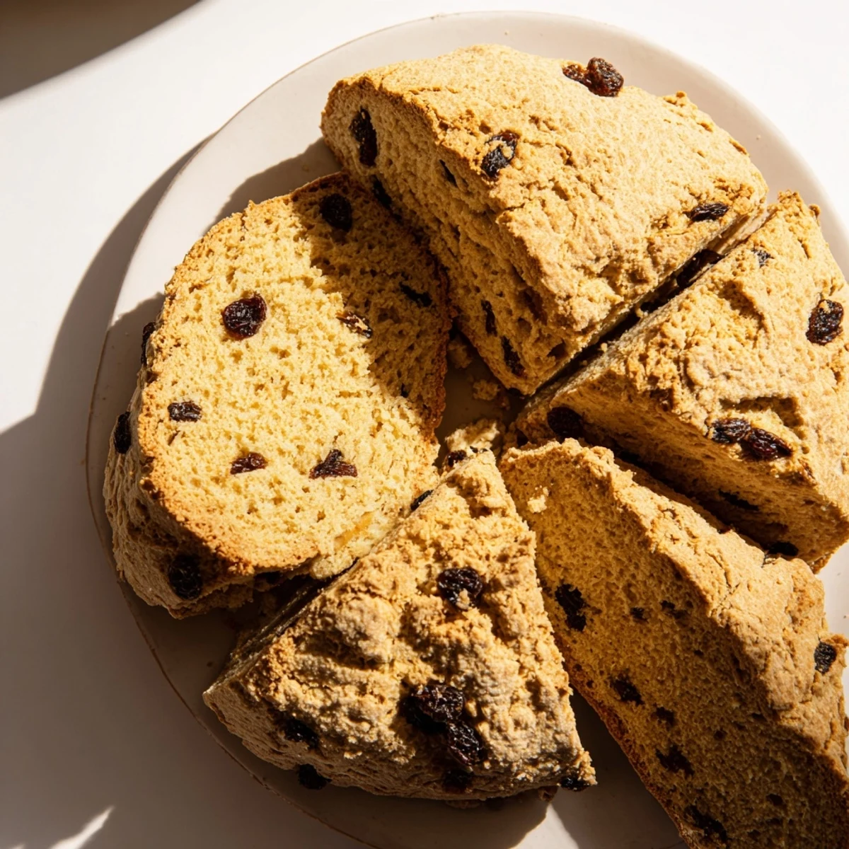 A close-up view of a Whole Wheat Irish Soda Bread with Currants on a wooden board, perfect for a cozy breakfast or tea time.