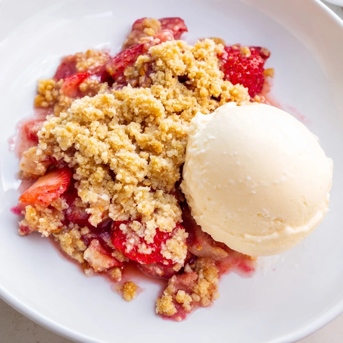 Warm Strawberry Rhubarb Crumble with Vanilla Ice Cream served in a rustic dish with bubbling golden topping.  