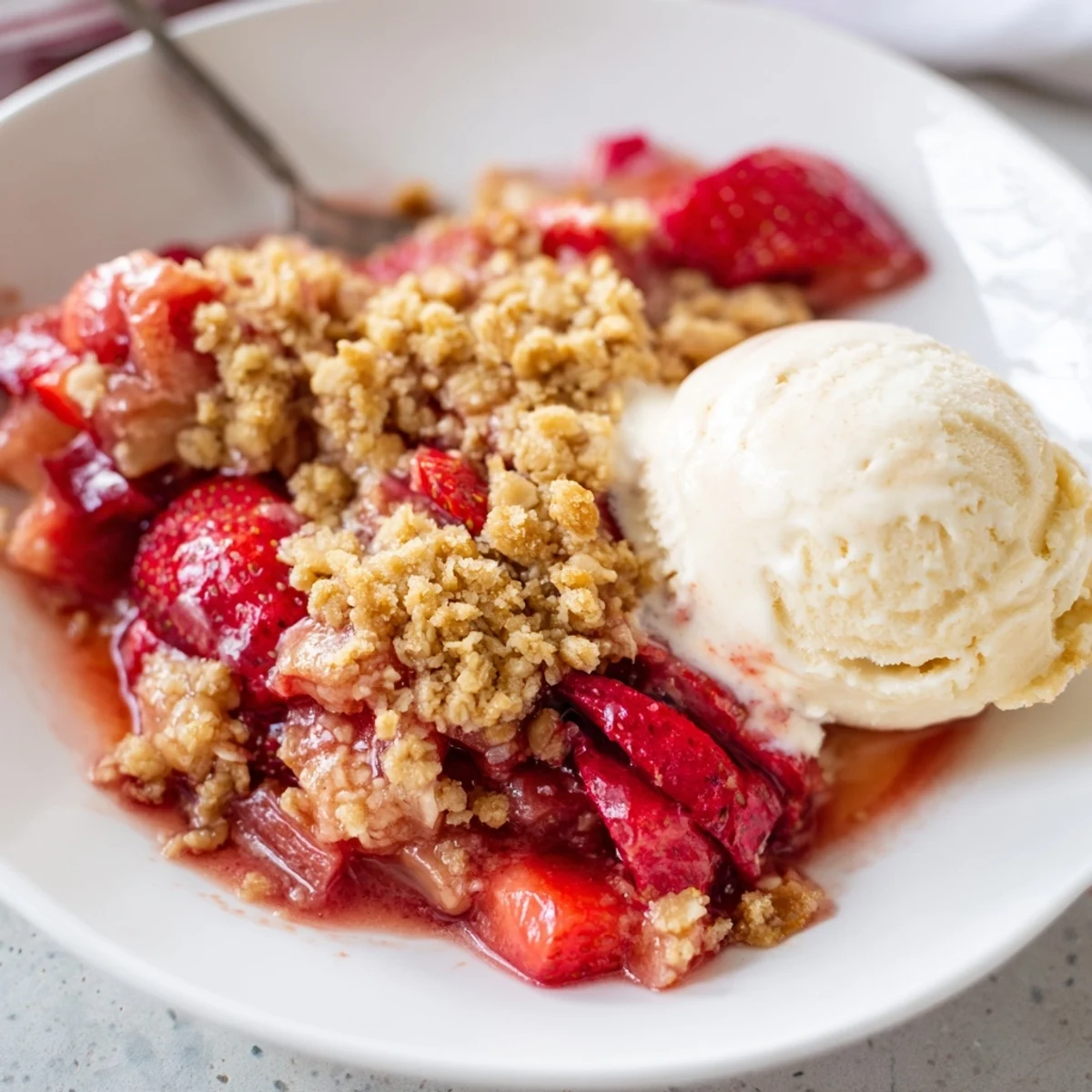 Homemade Strawberry Rhubarb Crumble with Vanilla Ice Cream bubbling in a baking dish on a wooden table.  
