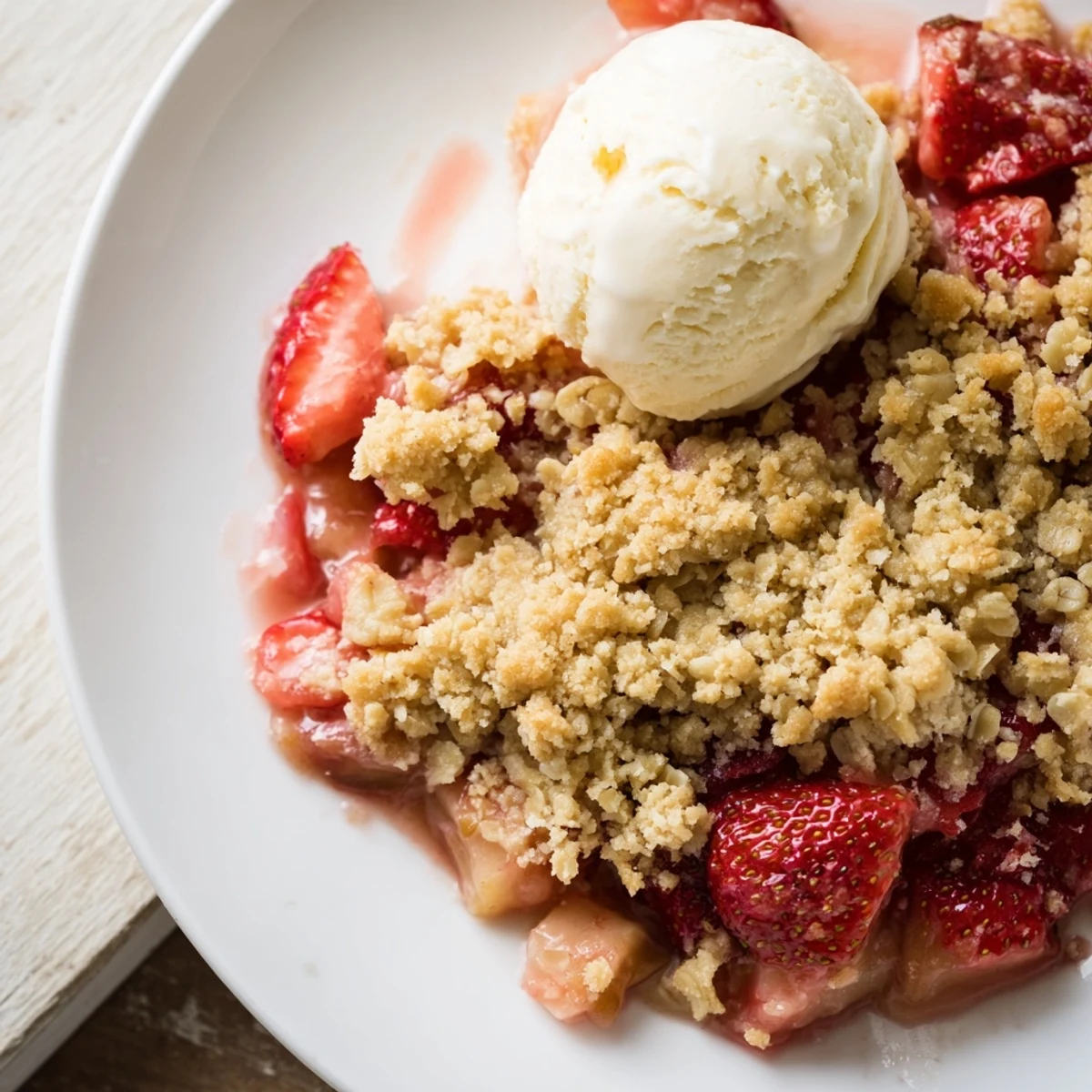 Fresh Strawberry Rhubarb Crumble with Vanilla Ice Cream topped with melting scoops near vintage silverware.