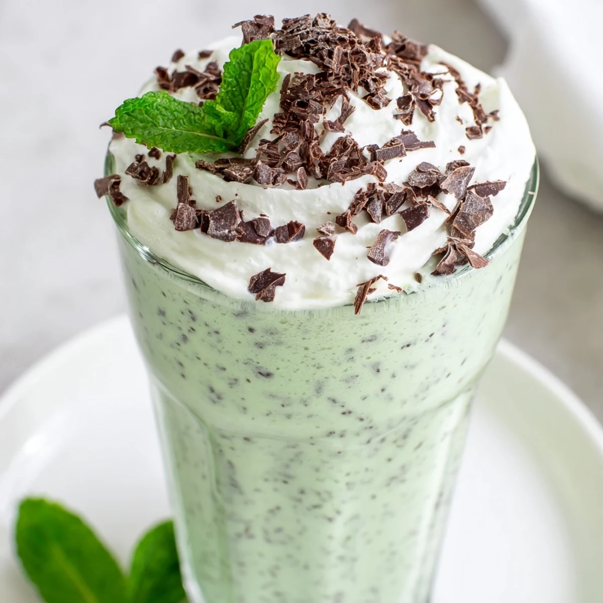 Creamy Mint Chocolate Chip Milkshake topped with whipped cream and chocolate shavings in a tall glass.