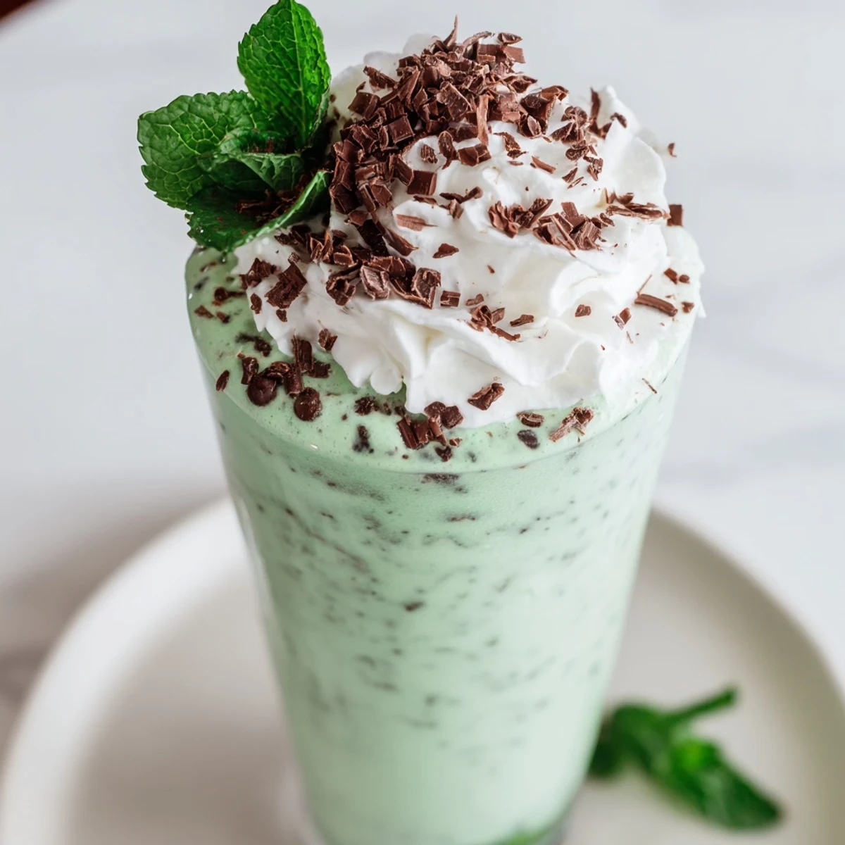 Indulgent Mint Chocolate Chip Milkshake served with whipped cream swirl and extra chocolate chips in chilled glass.
