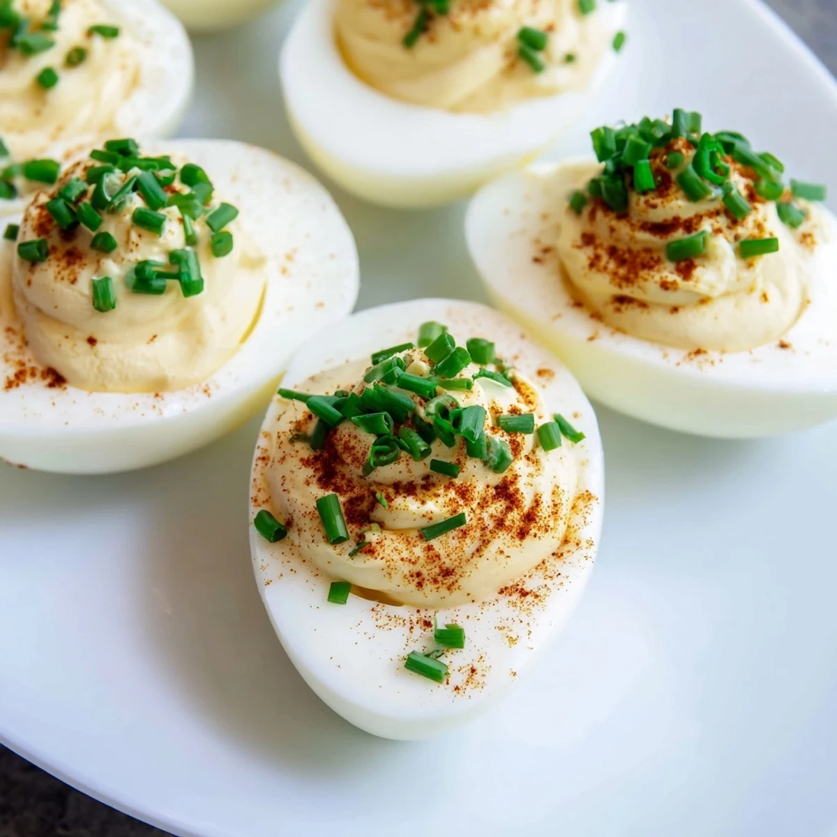 Creamy Deviled Eggs with Chives and Smoked Paprika ready to serve at a party.