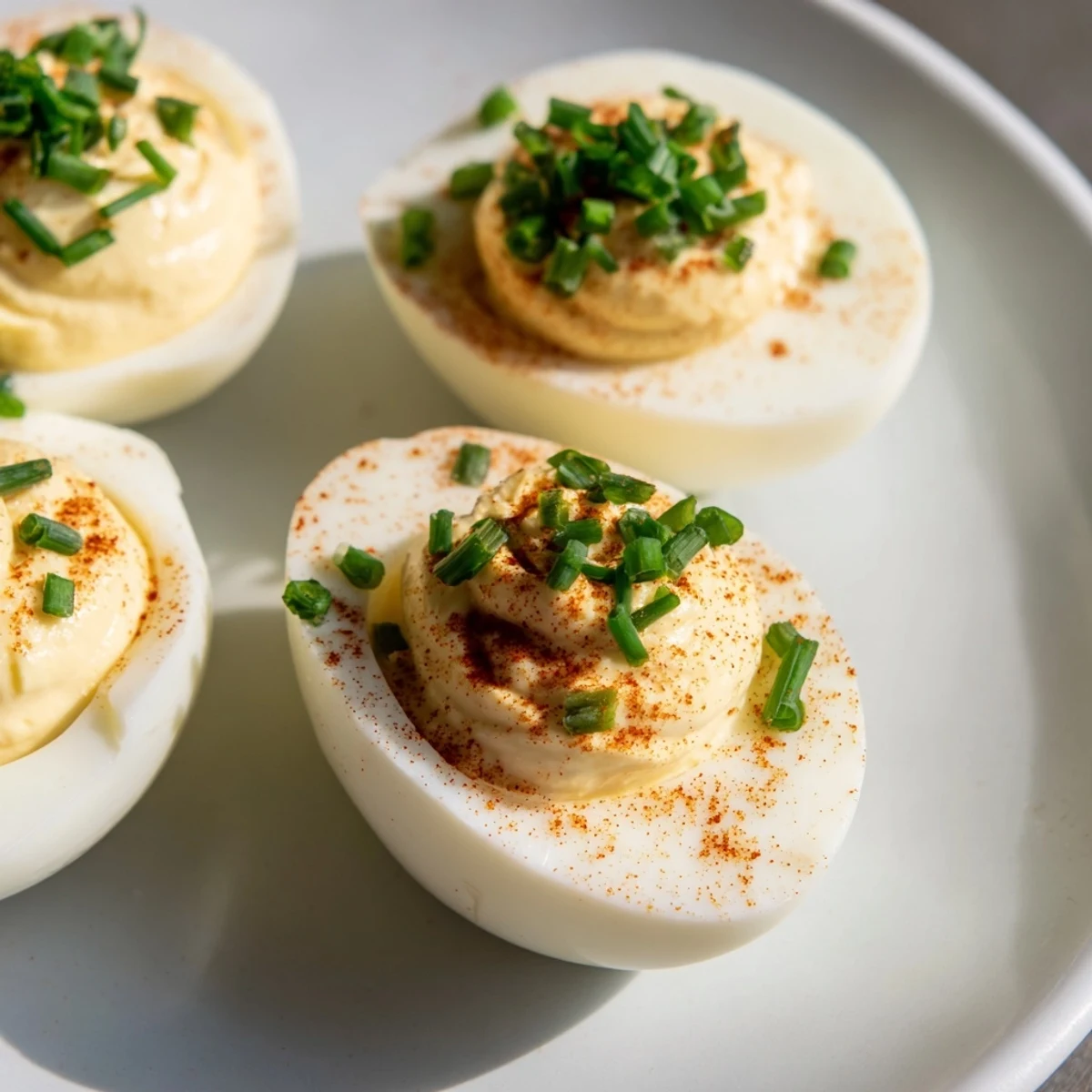 Perfectly halved Deviled Eggs with Chives and Smoked Paprika garnished with fresh herbs.